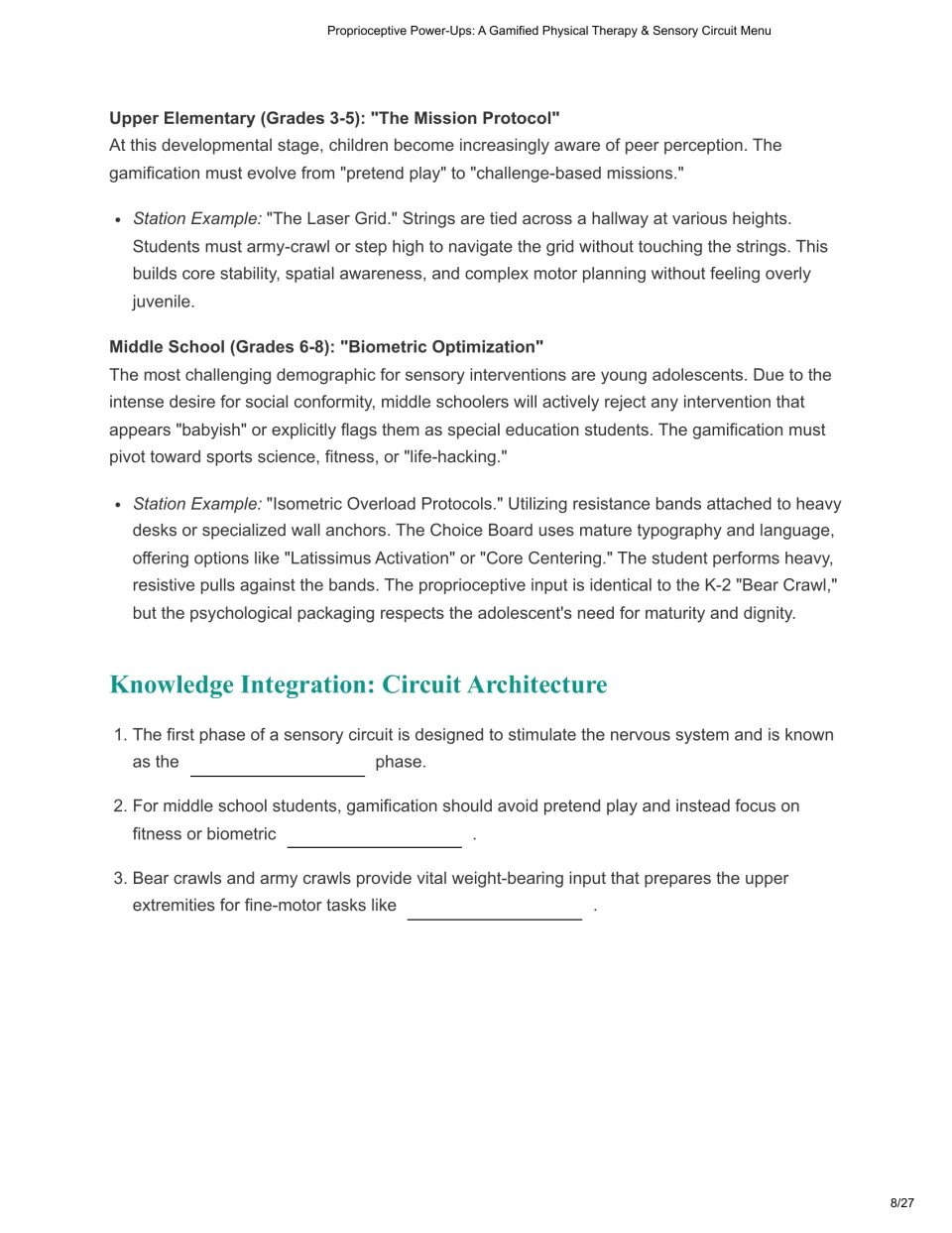 Chapter 3 continues with grades 3–5 and 6–8 station examples and three circuit architecture review questions.