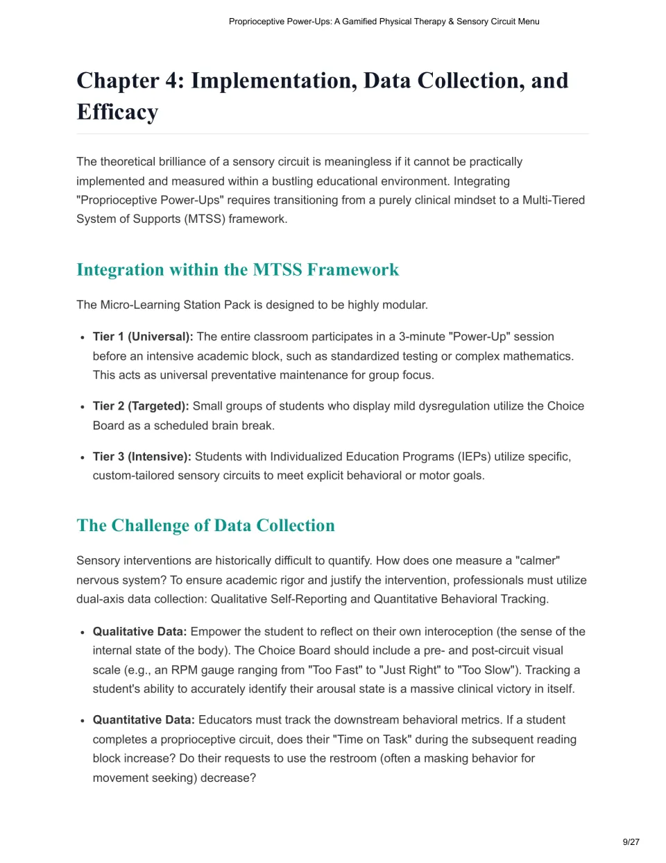 Chapter 4 introduces MTSS Tiers 1–3, student self-reporting, and behavioral data collection for sensory circuits.