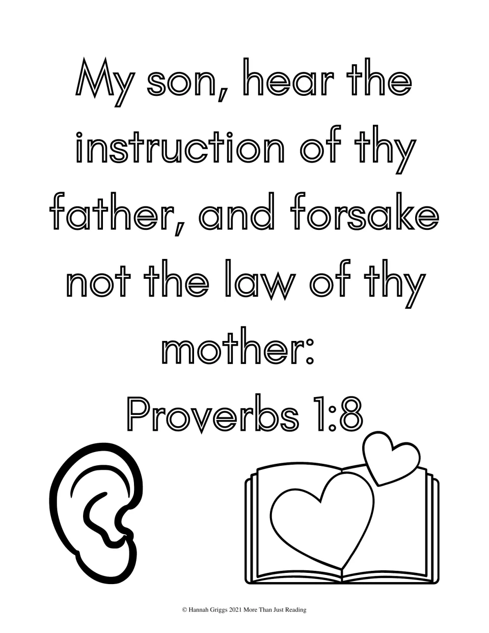 Proverbs 1:8 on hearing a father's instruction: students color bubble-letter verse text, an ear and a book with hearts
