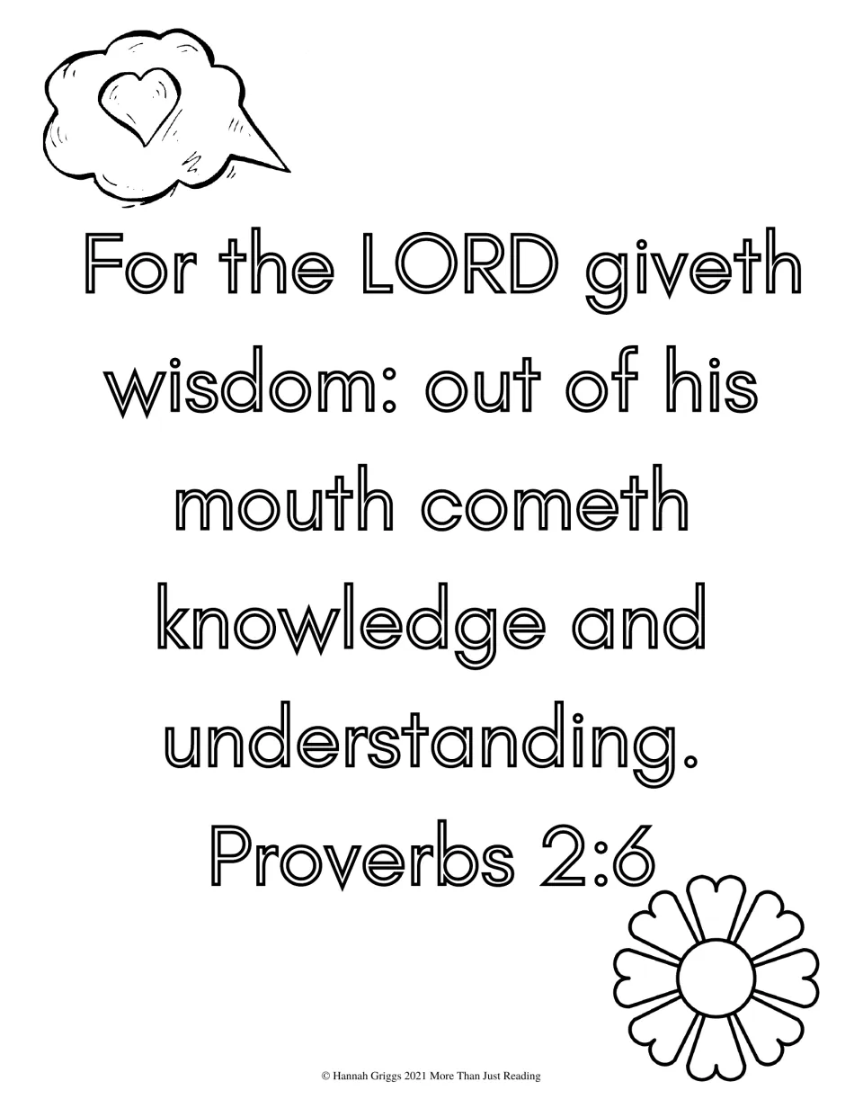 Proverbs 2:6 on the LORD giving wisdom: students color bubble-letter verse text, a heart speech cloud and a flower