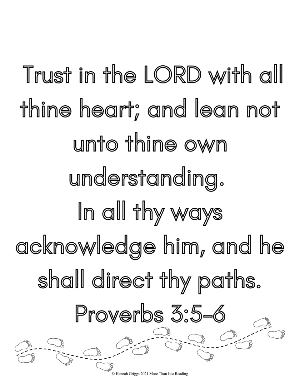 Proverbs 3:5-6, trust in the LORD with all thine heart: students color the outlined verse and a trail of footprints