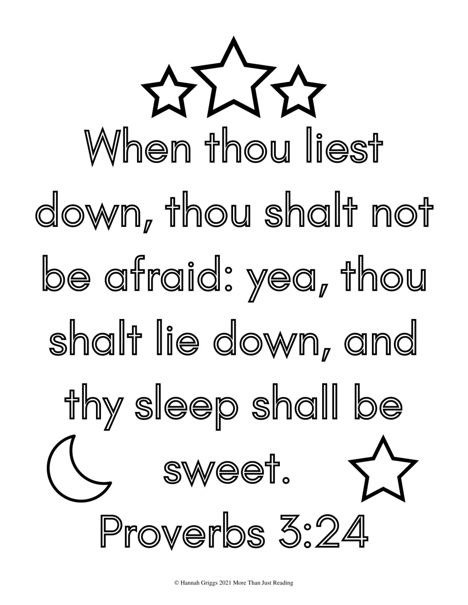 Proverbs 3:24 on sleeping without fear: students color the outlined bedtime verse, a crescent moon and four stars