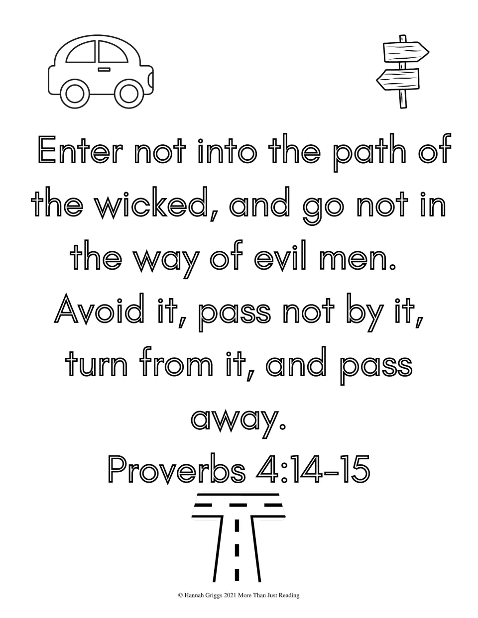Proverbs 4:14-15 on avoiding the path of the wicked: students color the verse, a car, a signpost and a road