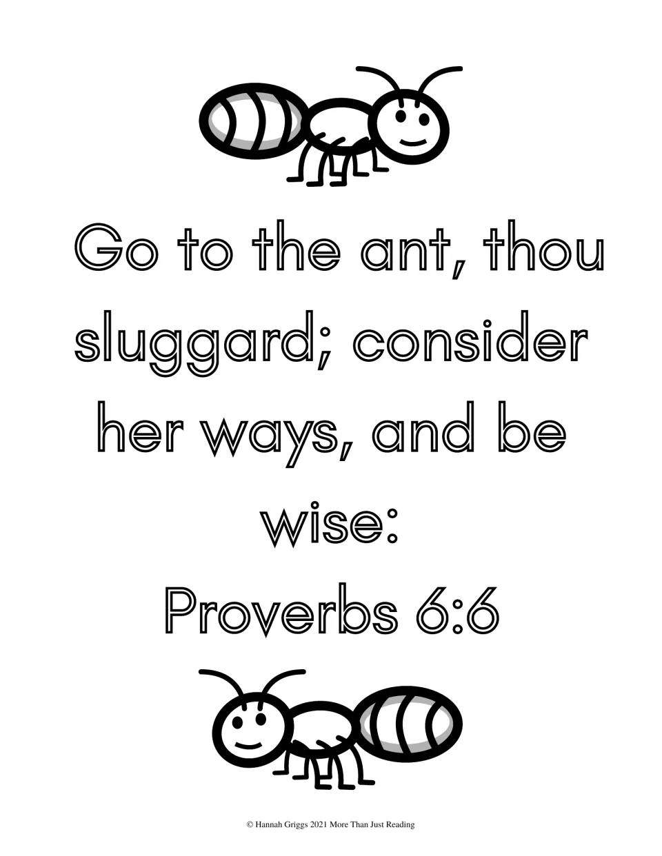 Proverbs 6:6, go to the ant, thou sluggard: students color the outlined verse and two smiling cartoon ants