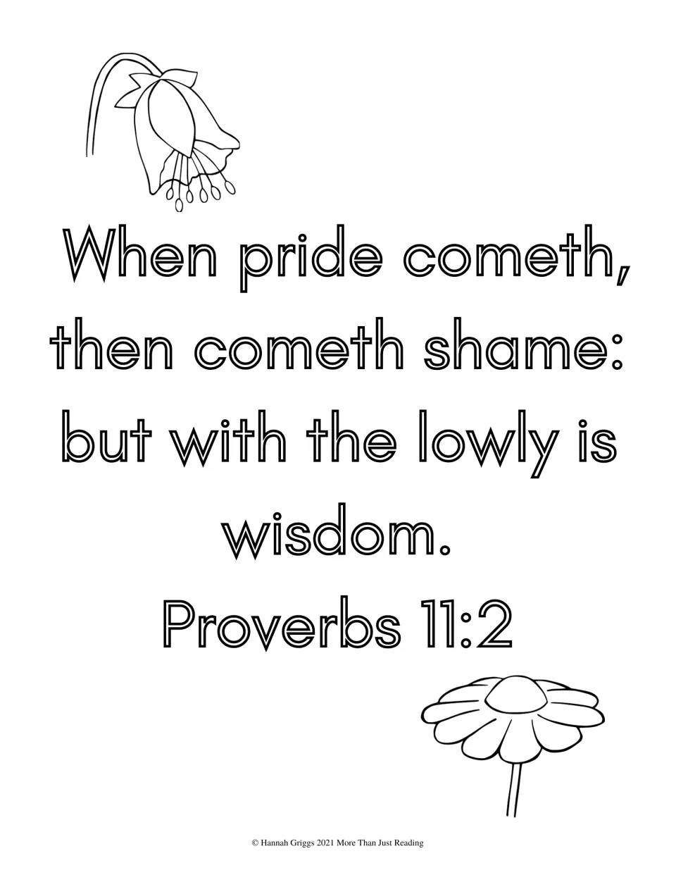 Proverbs 11:2 on pride, shame and wisdom with the lowly: students color the outlined verse and two drawn flowers