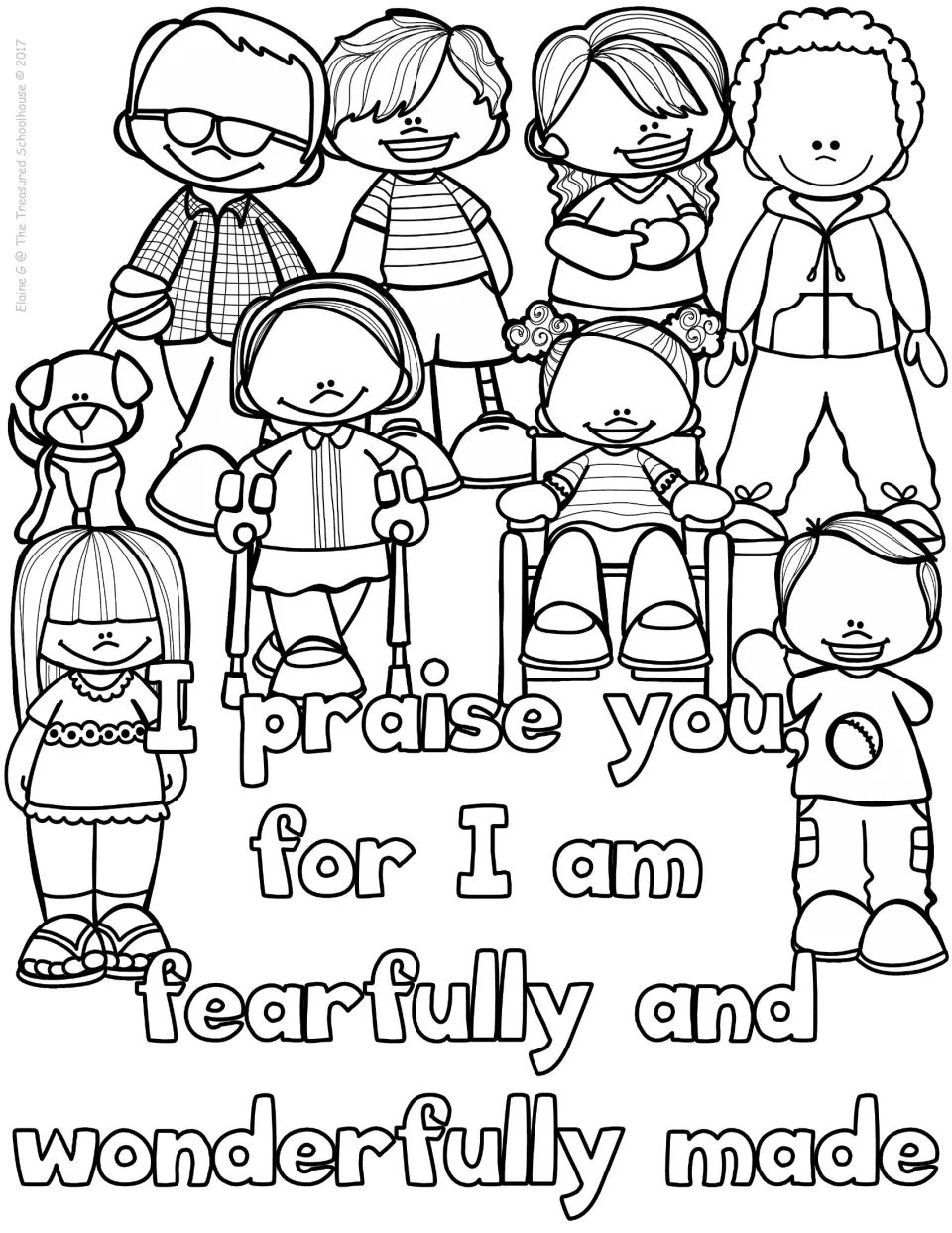 Scripture coloring page showing children and the words 'I praise you, for I am fearfully and wonderfully made'