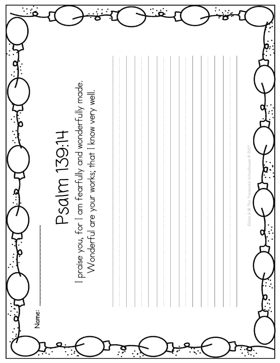 Psalm 139:14 copywork page presenting the full verse as a model, including 'fearfully and wonderfully made'