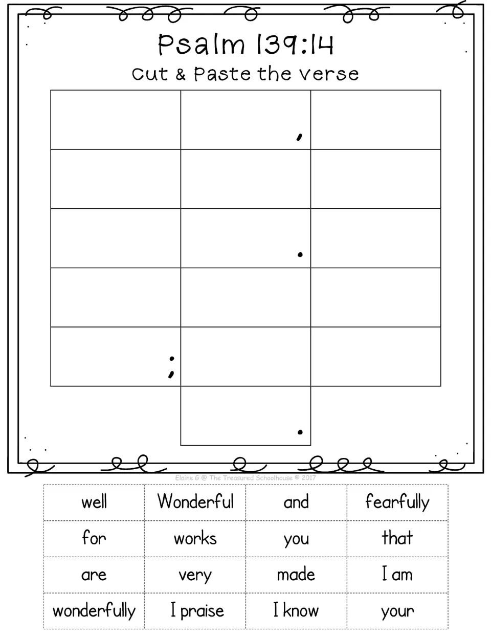 Psalm 139:14 cut-and-paste activity with 16 word and phrase pieces to arrange into the complete verse