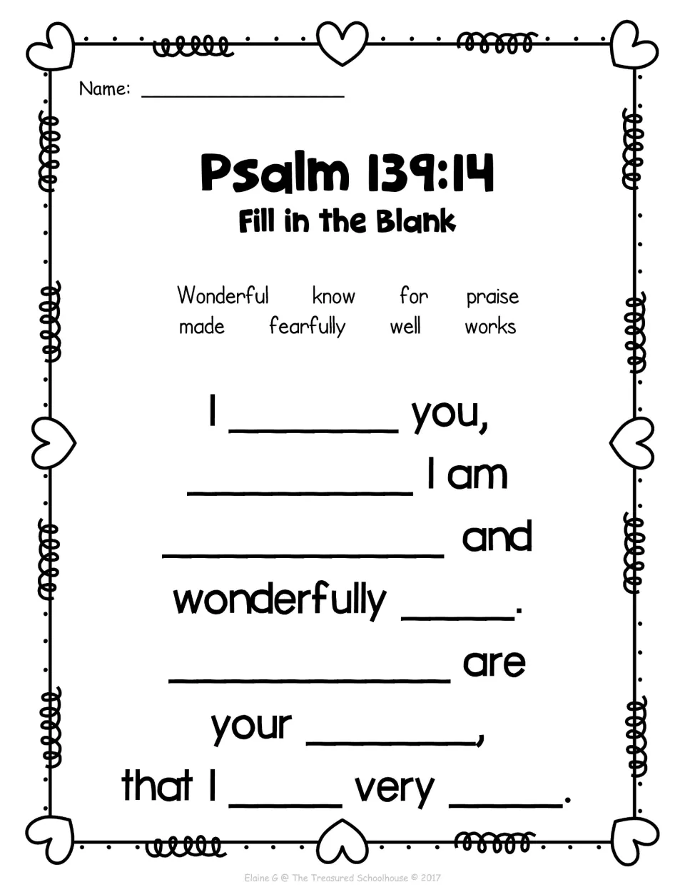 Psalm 139:14 fill-in-the-blank activity with eight missing words and a word bank including 'praise' and 'works'