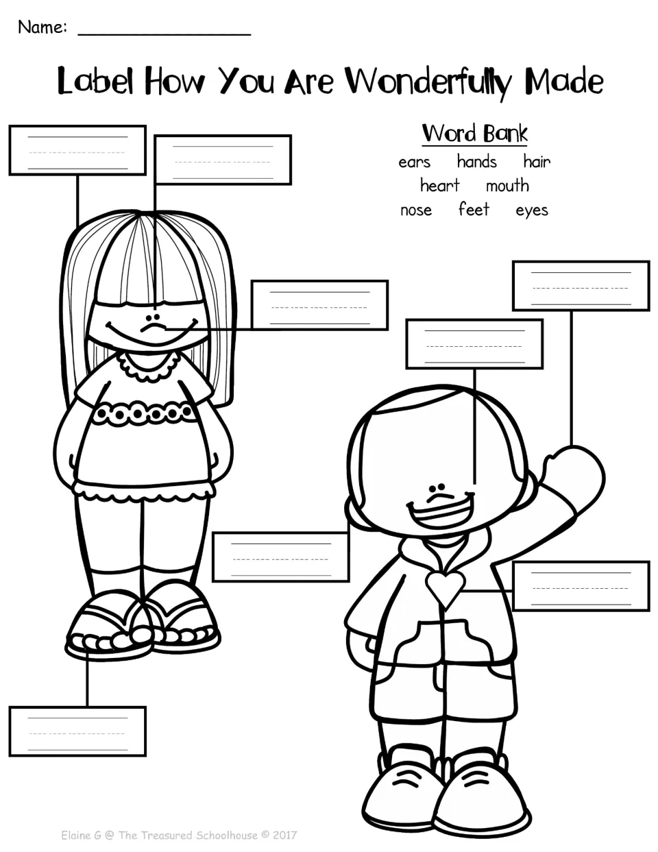 Body-part labeling activity connecting 'wonderfully made' to ears, hands, hair, heart, mouth, nose, feet and eyes