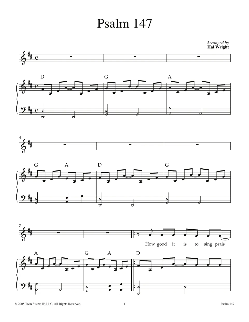 Psalm 147 song in D major, bars 1-9: piano intro with D, G and A chords, then vocals begin "How good it is to sing prais-"