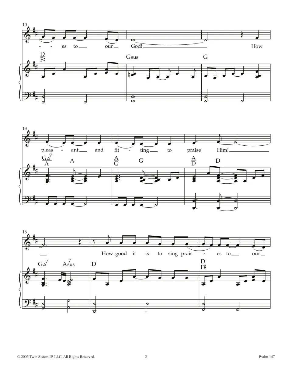 Vocal and piano score, bars 10-18: lyrics "praises to our God! How pleasant and fitting to praise Him!" with chord symbols