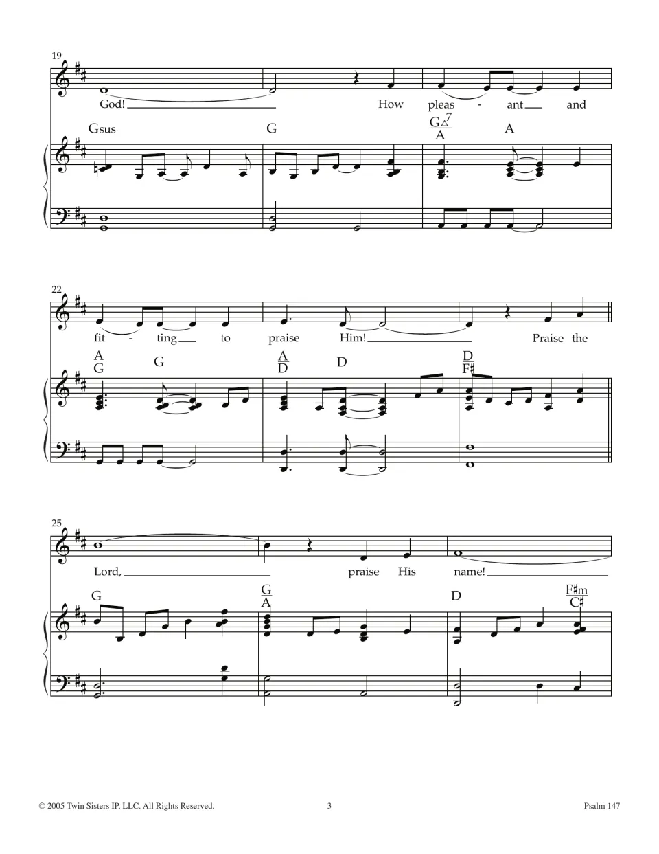 Vocal and piano score, bars 19-27: lyrics finish "fitting to praise Him!" and move into "Praise the Lord, praise His name!"