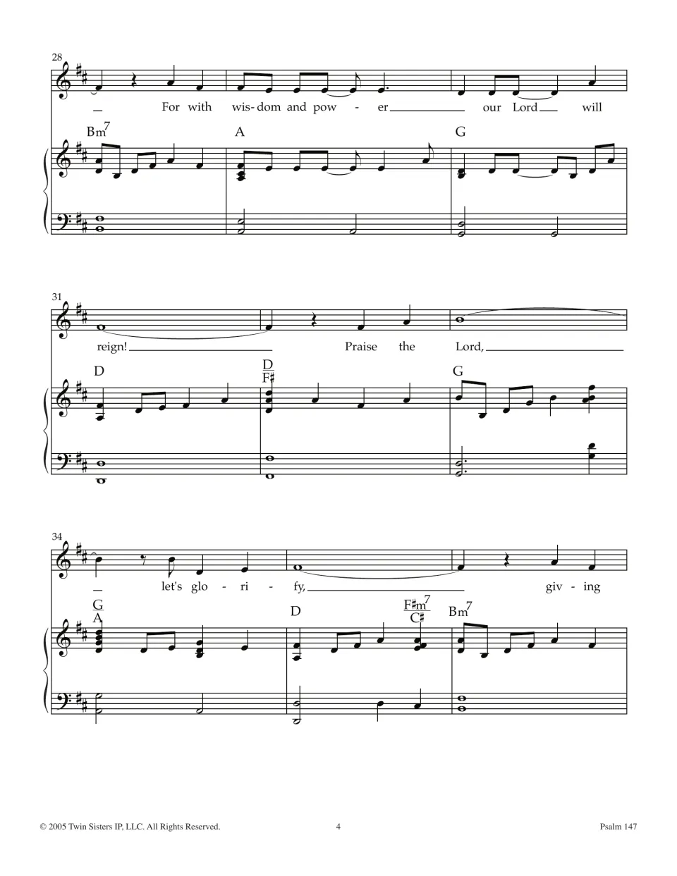 Vocal and piano score, bars 28-36: lyrics "For with wisdom and power our Lord will reign! Praise the Lord, let's glorify"