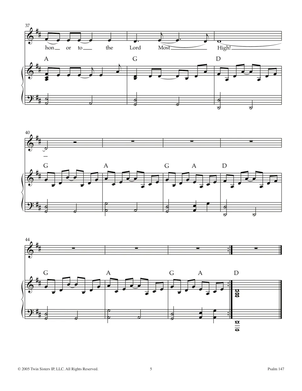 Final bars 37-47 of the score: vocals end on "honor to the Lord Most High!" then a piano outro with repeat sign ends on D