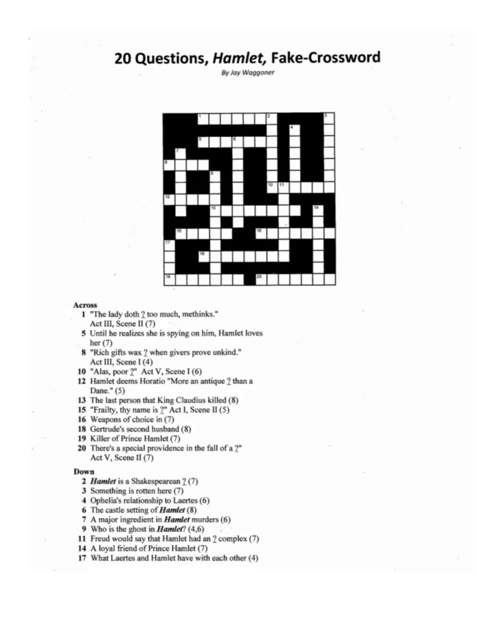 Hamlet pseudo-crossword with 20 clues about characters, quotations, Denmark, Elsinore, poison, and rapiers.