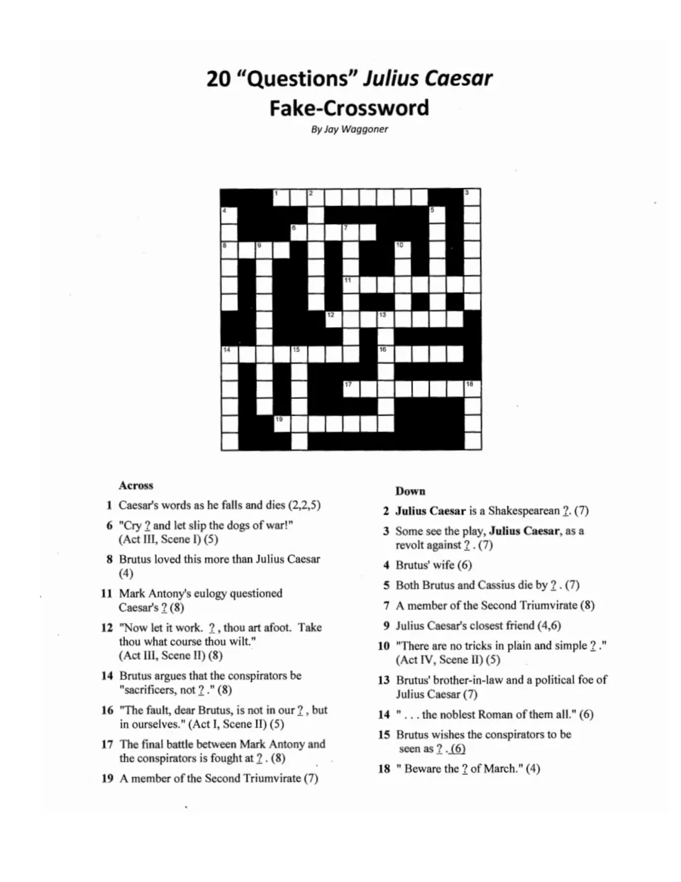 Julius Caesar puzzle with 20 clues about Caesar's last words, Brutus, the Second Triumvirate, and quotations