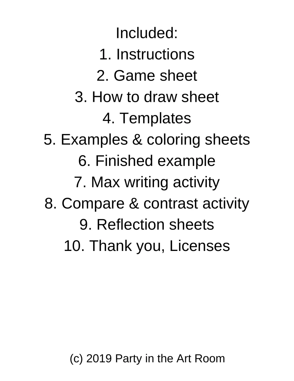 Contents list names instructions, game sheet, drawing guide, templates, examples, and writing activities