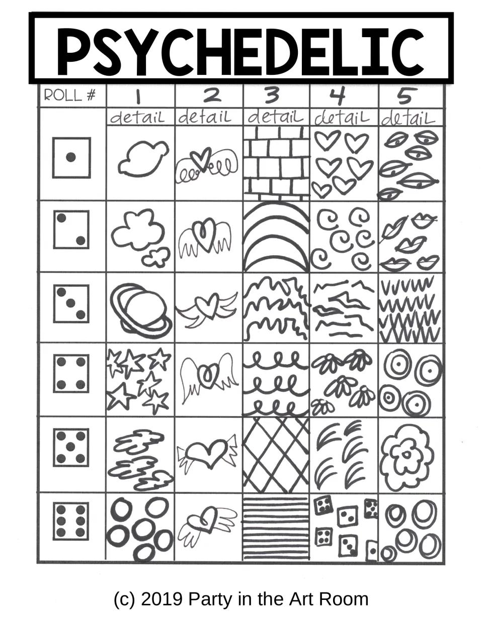 Psychedelic art game sheet offers six detail choices for each of five rolls, including planets and hearts