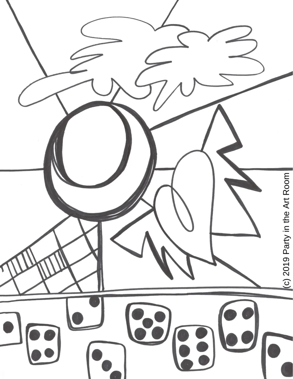 Uncolored art lesson example shows a sun and rays filled with clouds, a winged heart, patterns, and dice