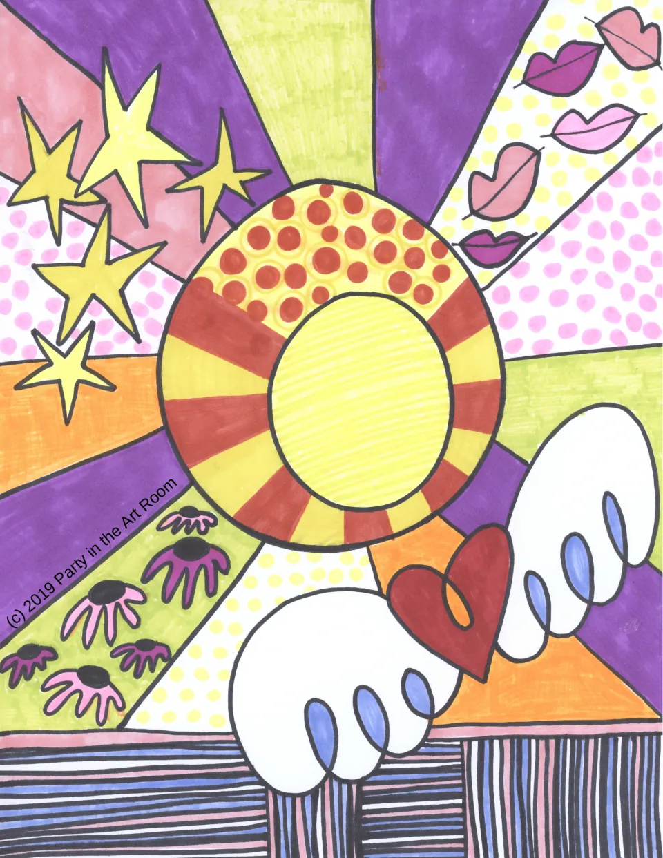 Finished art lesson example shows a yellow sun surrounded by stars, lips, flowers, and a winged heart