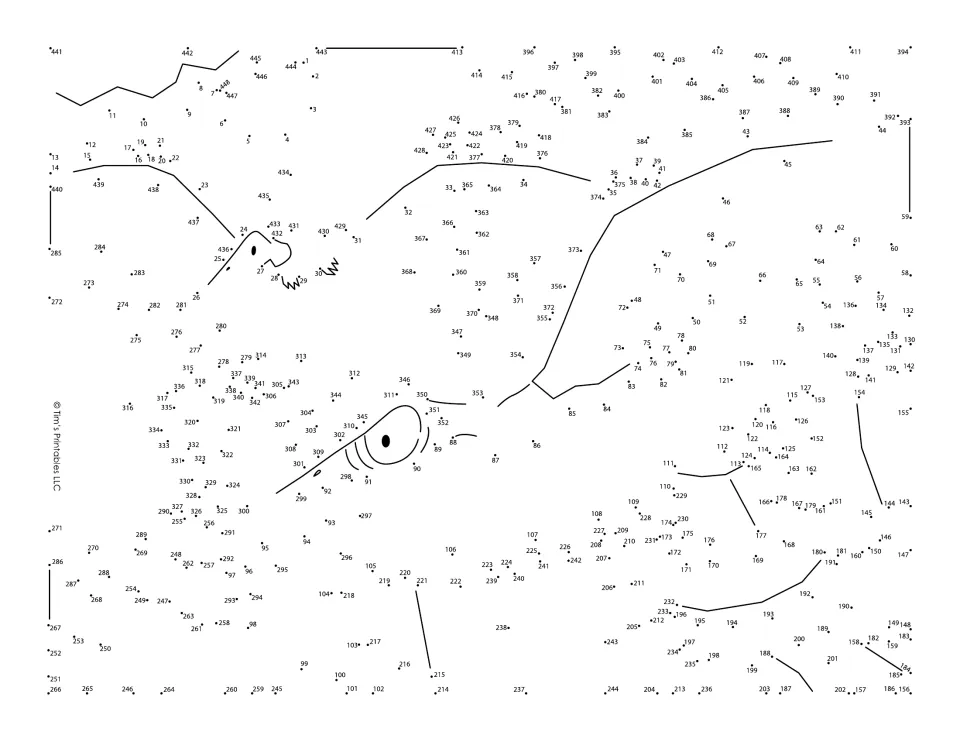 Pterodactyl dot-to-dot: students connect numbered dots in order from 1 to 447 to reveal two flying pterodactyls