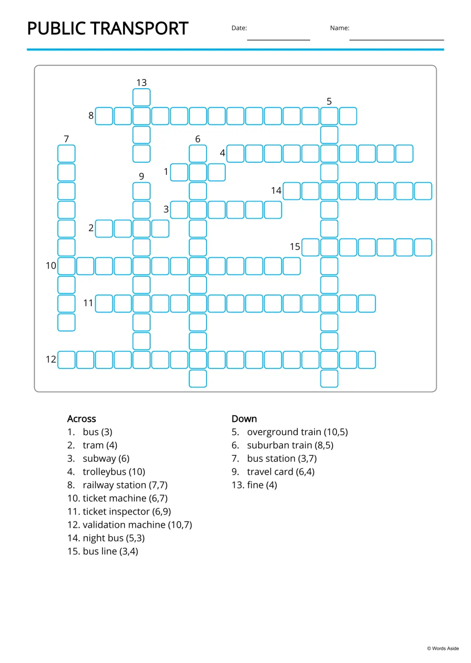 Public transport crossword: students solve it using English word clues like bus, tram, subway and ticket inspector