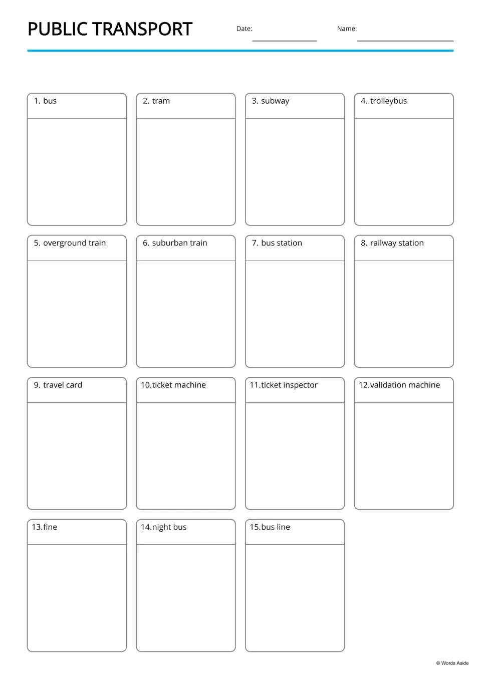 Transport vocabulary pictures: students draw or paste an image for each of 15 terms, from bus to validation machine