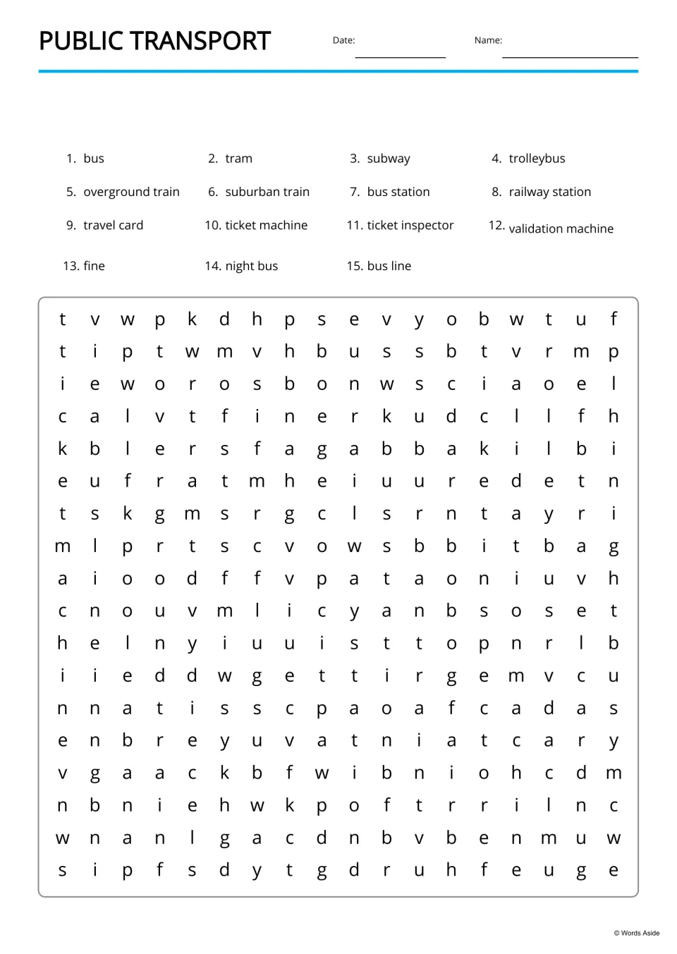 Public transport word search: students find 15 listed terms, including subway, railway station and ticket inspector