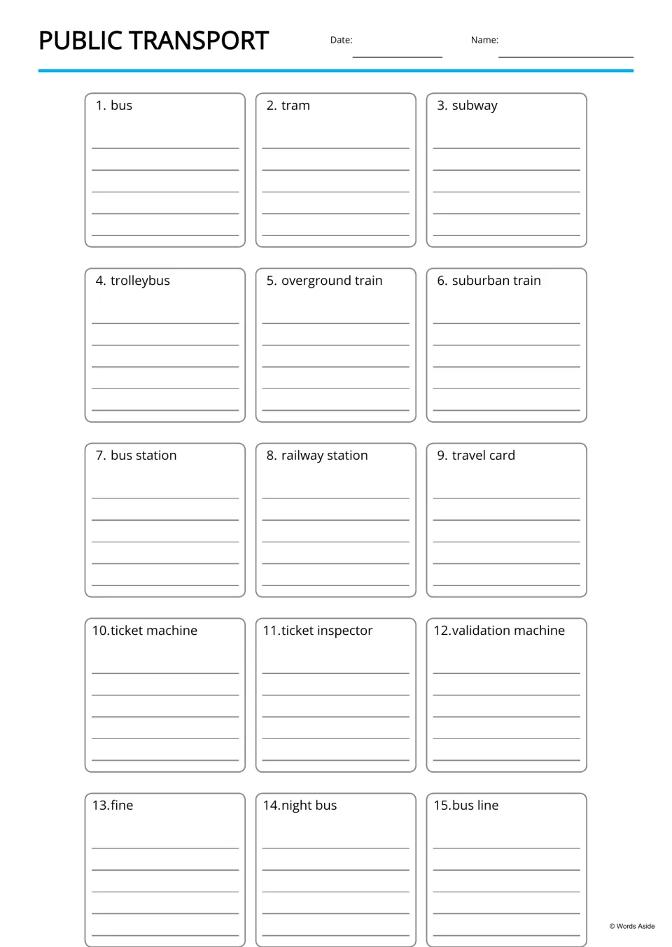 Transport writing practice: students write about each of 15 terms, from bus and subway to night bus and bus line