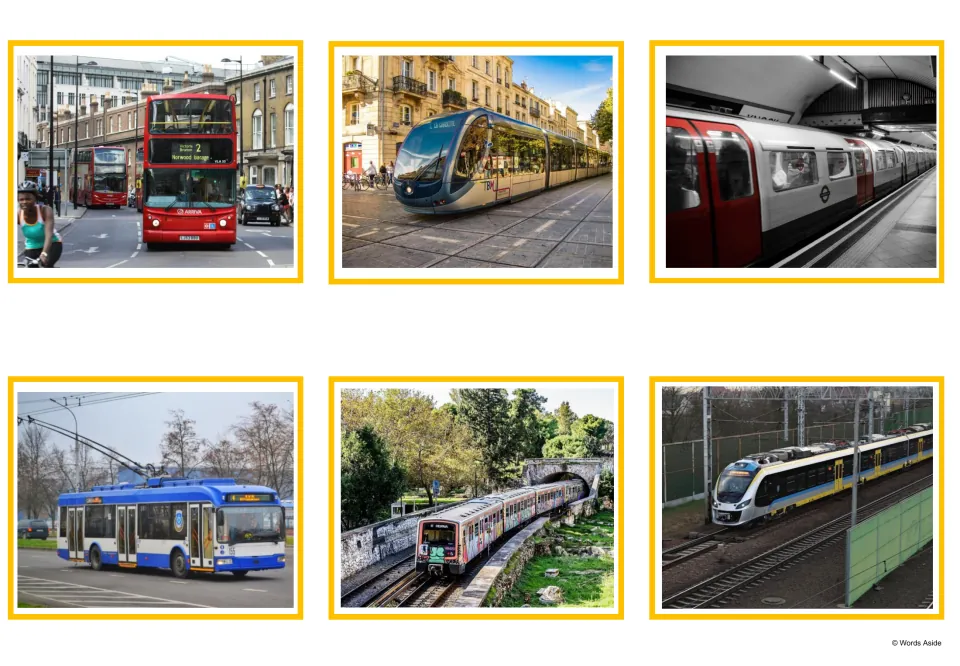 Transport photo cards: a red double-decker bus, a modern tram, a subway train, a trolleybus and two passenger trains