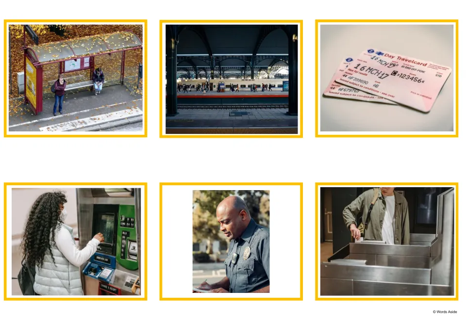 Transport photo cards: a bus shelter, a station platform, day travelcards, a ticket machine, an inspector and ticket gates