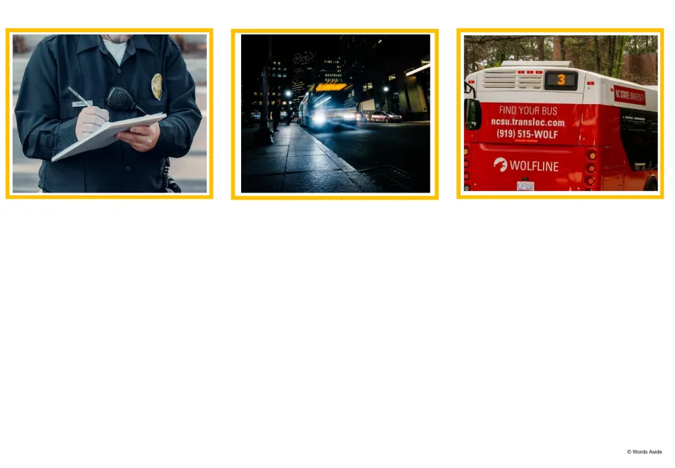 Transport photo cards: an officer writing a fine, a bus at night on a city street and the rear of a route 3 bus