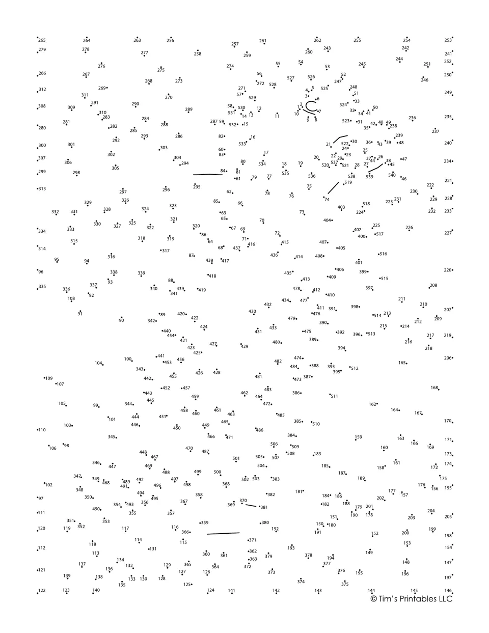 Puffin dot-to-dot activity with 540 numbered dots to connect and complete a scene of a puffin on the beach