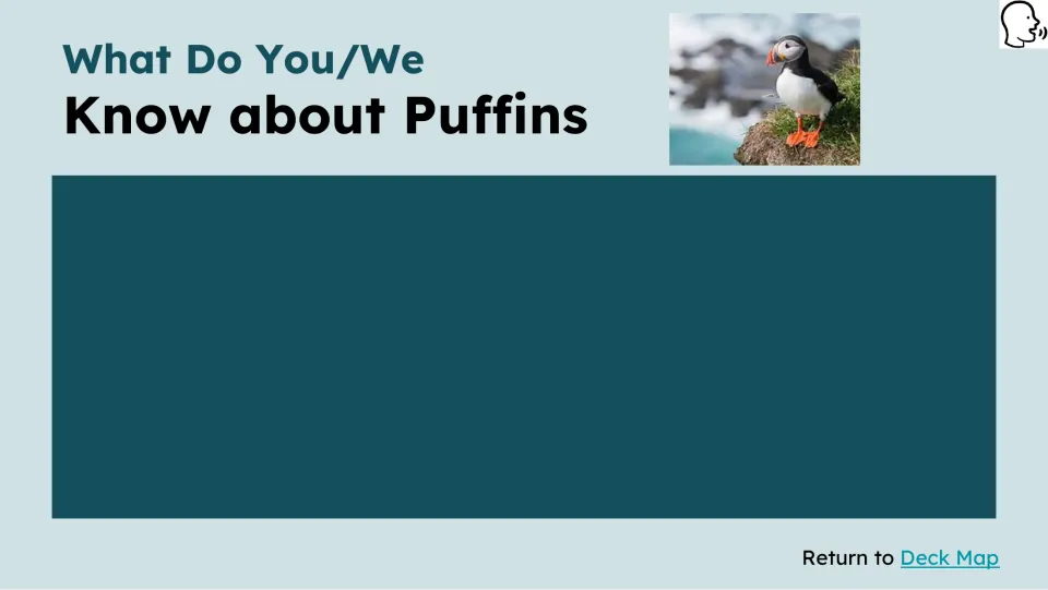 Prior knowledge slide asks what students know about puffins and provides an empty response area.