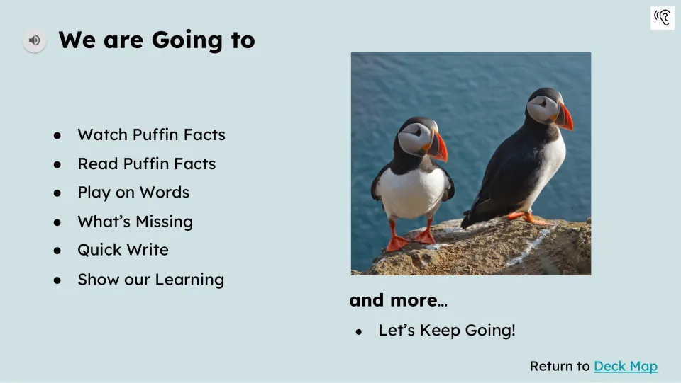 Activity preview lists watching, reading, Play on Words, What's Missing, Quick Write, and Show our Learning.