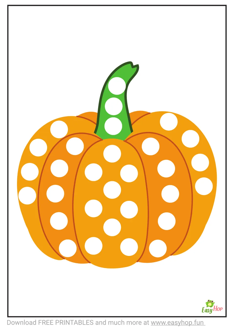 Pumpkin activity sheet featuring an orange pumpkin and green stem with white circular spaces to fill in