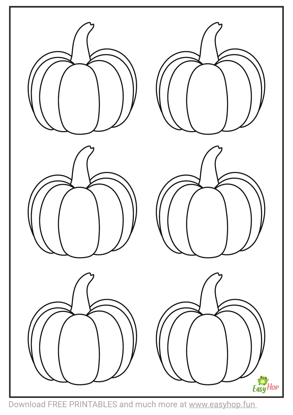 Pumpkin template sheet containing six small, uncolored pumpkins for cutting, sorting, and matching