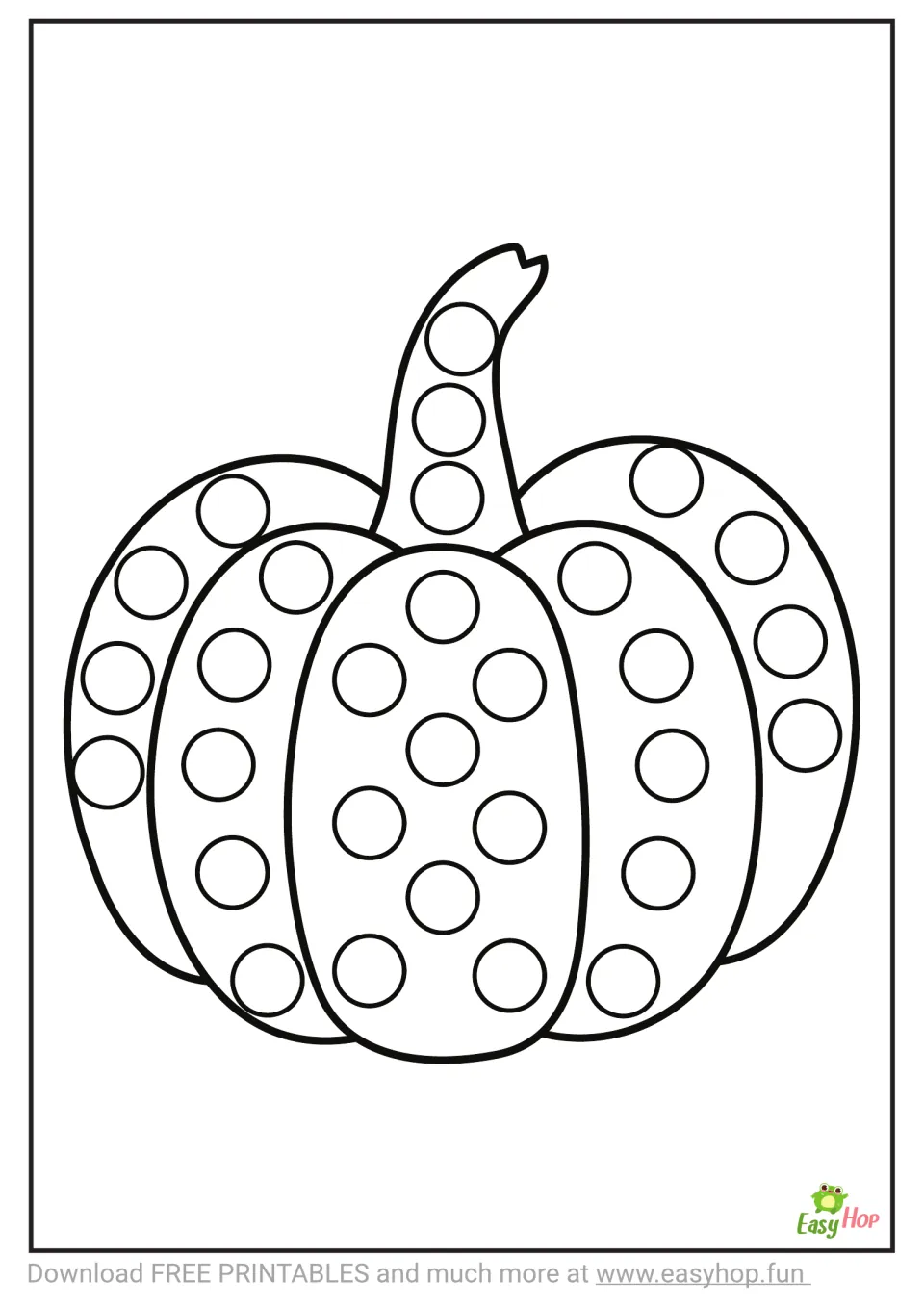 Pumpkin activity sheet featuring one uncolored pumpkin with circular spaces across its body and stem
