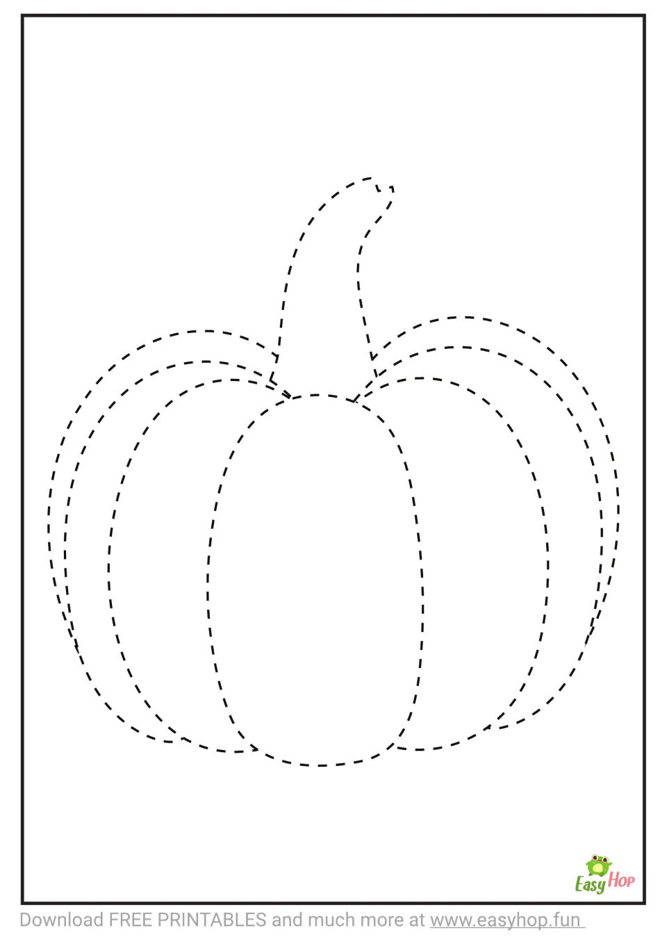 Pumpkin tracing page featuring a large pumpkin with dashed contours around its stem and curved sections