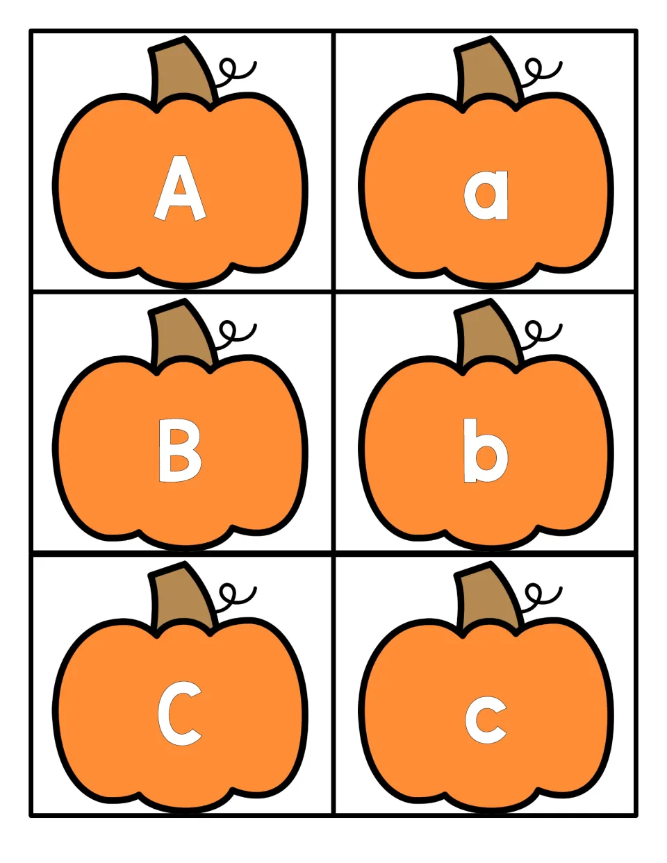 Letters A, B and C: six orange pumpkin cards, each uppercase letter paired with its lowercase match for letter matching