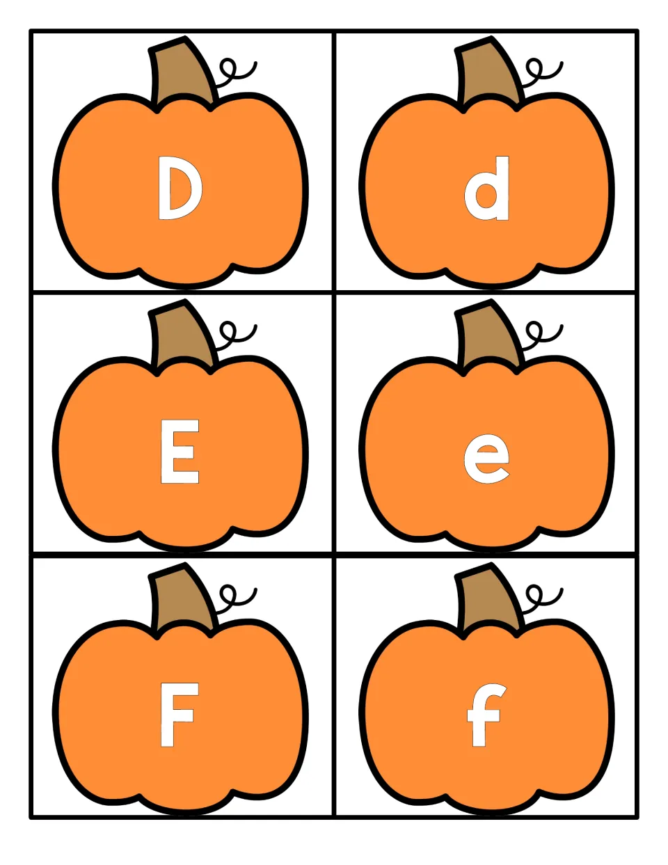 Letters D, E and F: six pumpkin cards showing each capital letter beside its lowercase partner for matching letter pairs
