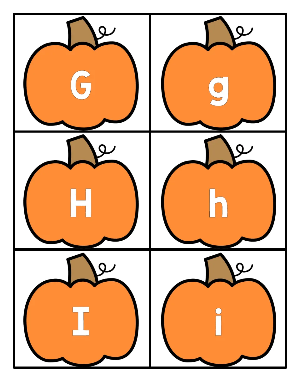 Letters G, H and I: six orange pumpkin cards with uppercase and lowercase forms of each letter for letter recognition