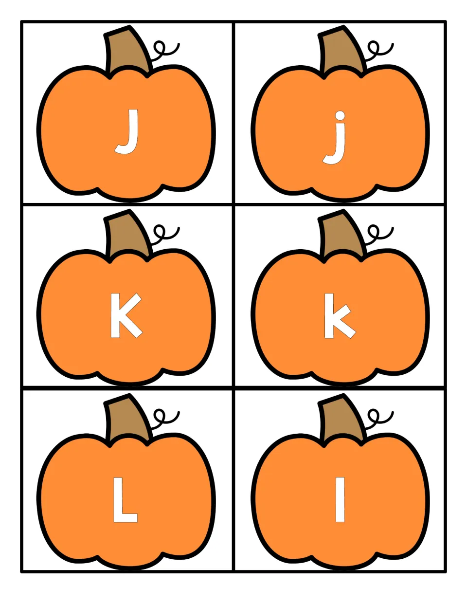 Letters J, K and L: pumpkin cards pairing capital J, K and L with lowercase j, k and l for matching uppercase to lowercase