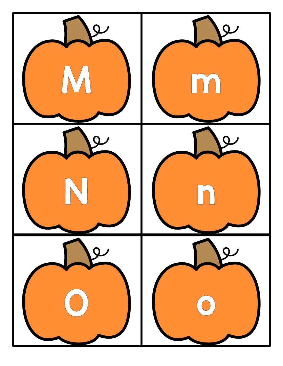 Letters M, N and O: six pumpkin cards, one per uppercase or lowercase letter, for naming letters and matching their pairs