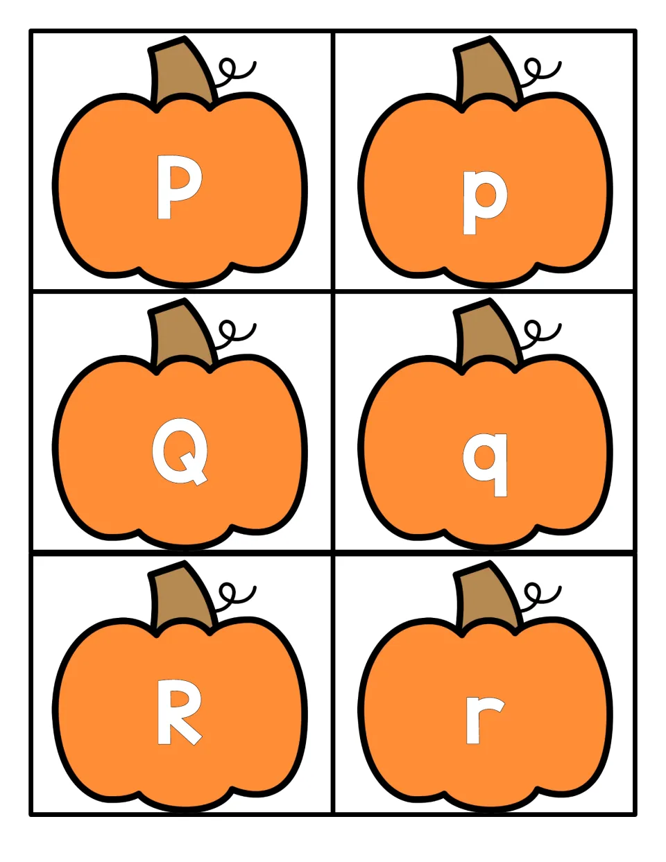 Letters P, Q and R: orange pumpkin cards with capital and lowercase p, q and r for letter recognition and pairing