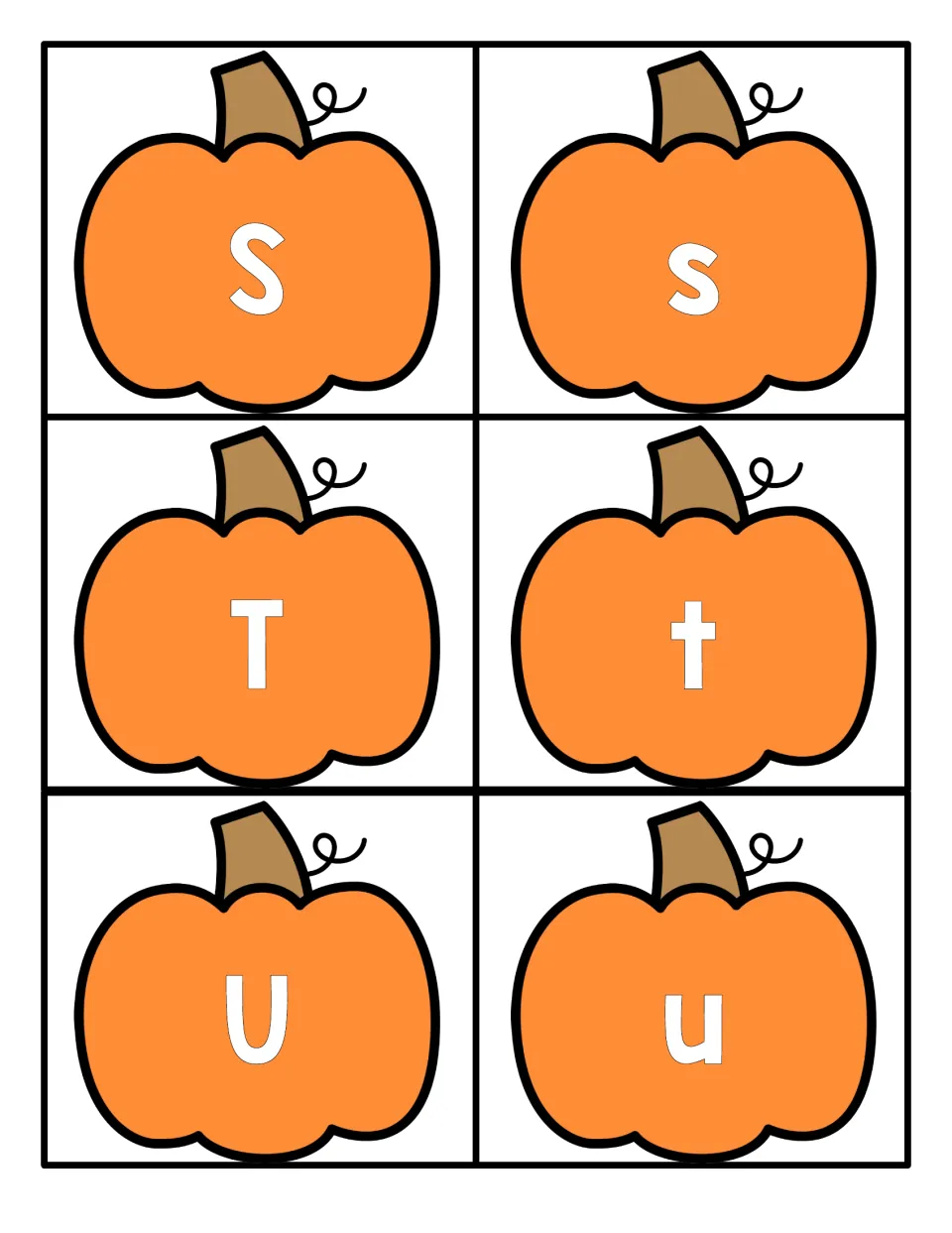 Letters S, T and U: six pumpkin cards showing uppercase S, T, U and lowercase s, t, u for matching letter pairs