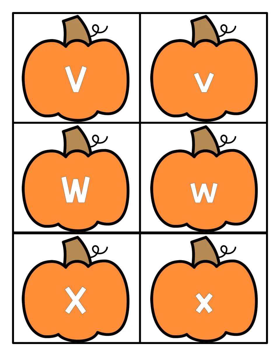 Letters V, W and X: pumpkin cards pairing uppercase V, W, X with lowercase v, w, x for letter identification and matching