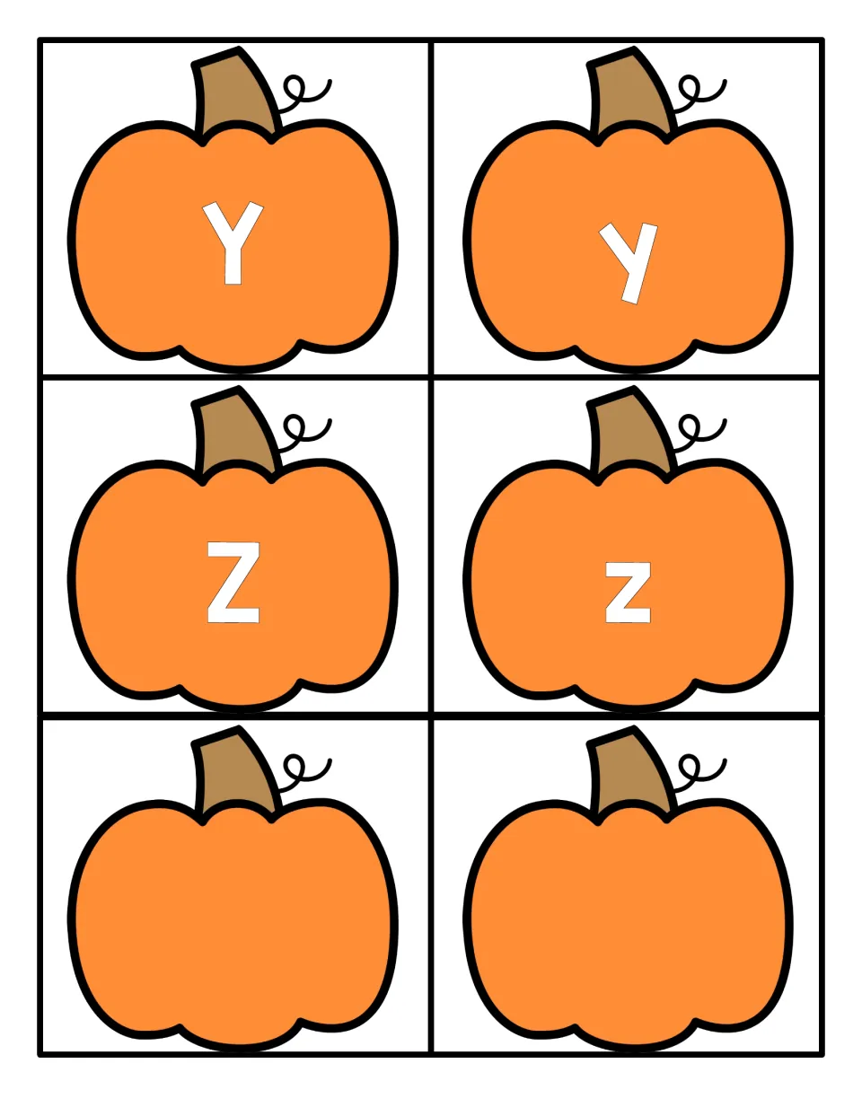 Letters Y and Z: four pumpkin cards with uppercase and lowercase y and z, plus two blank pumpkin cards with no letter