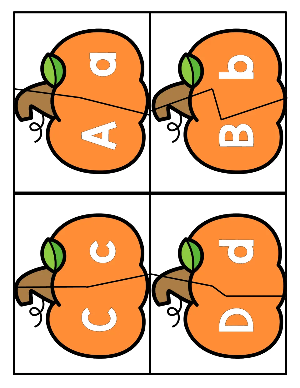 Letter matching puzzles A to D: four pumpkins, each cut into two pieces, pairing an uppercase and lowercase letter